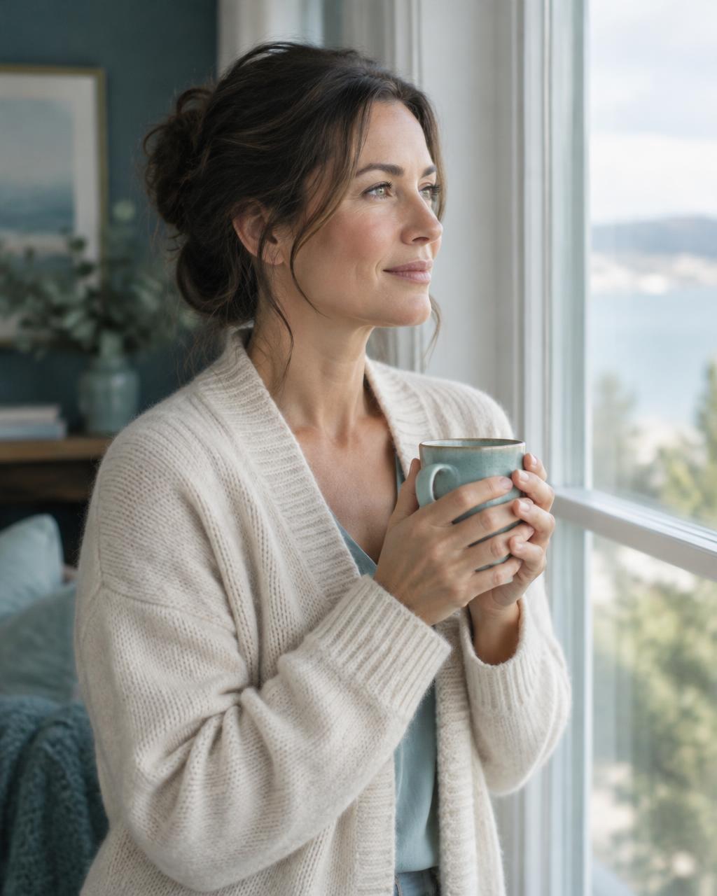 A woman pausing at a bright window with a warm mug