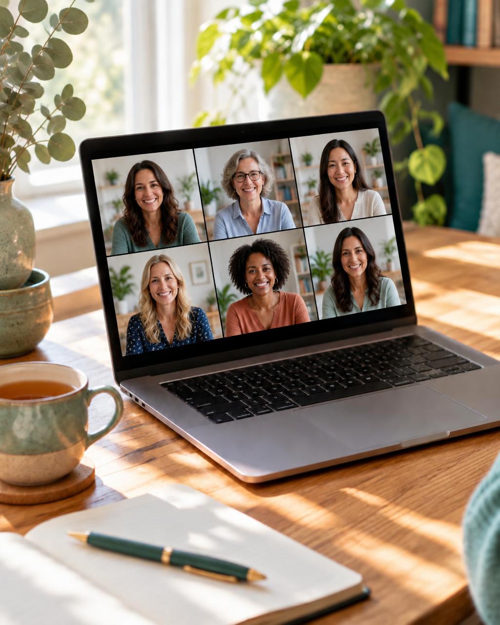 A laptop on a wooden desk showing an online group coaching call